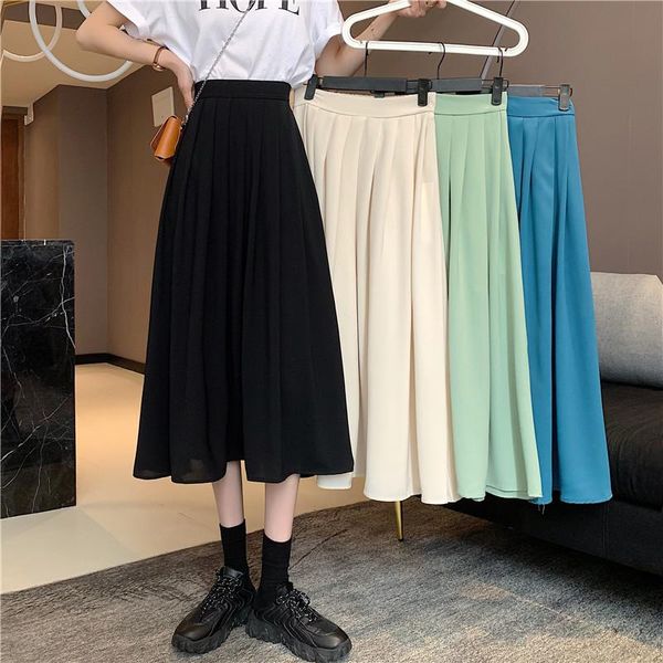 

skirts casual lace-up women pleated mid-length 2021 summer high waist female a-line long elegant loose, Black