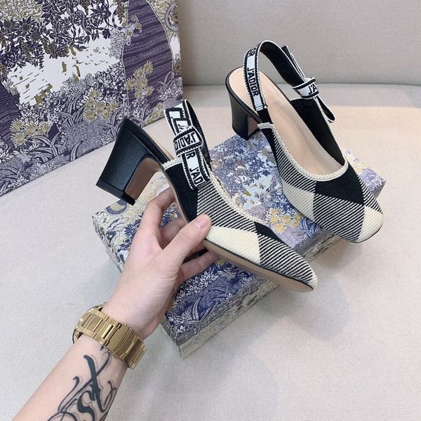

sandals slippers high version d family women's shoes 2021 black embroidery grid color matching korean square head half bag quality fash