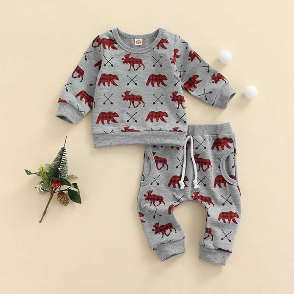 2 Stück Weihnachts-Kleinkind-Trainingsanzug, kariertes Hirschmuster, lange Ärmel, Pullover, Hemd + Freizeithose für Babys, Jungen und Mädchen, 0–24 Monate, G1023