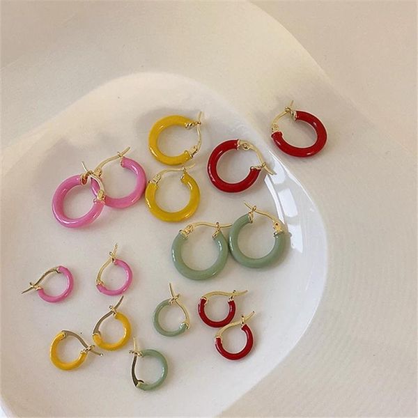 

hoop & huggie retro simple colorful metal enamel c-shaped earrings fashion geometric smooth small for women accessories, Golden;silver
