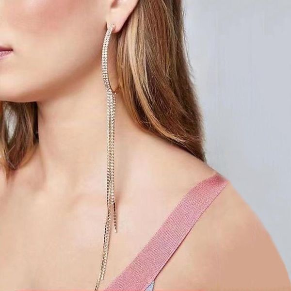 

hoop & huggie jijiawenhua rhinestone big earrings long tassel women's dinner party fashion luxury jewelry accessories, Golden;silver
