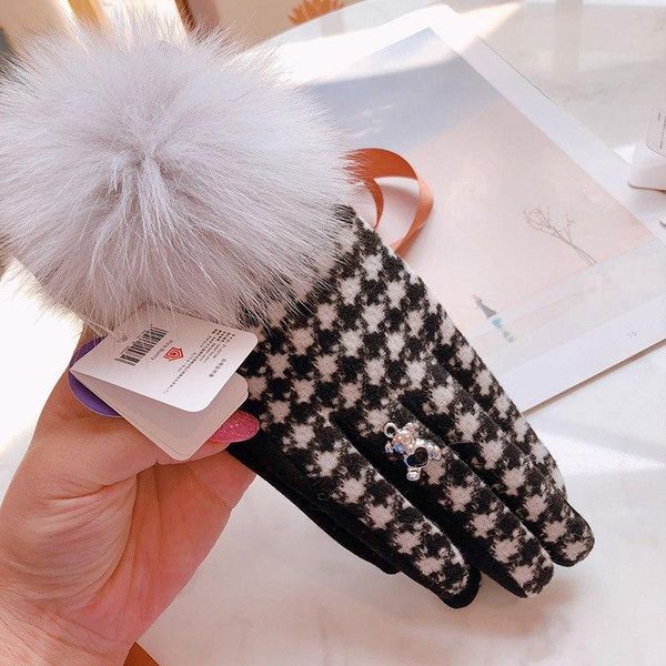 

fingerless gloves women' winter plaid warm wool wrist mittens fur pompom driving female luvas guantes handschoenen, Blue;gray