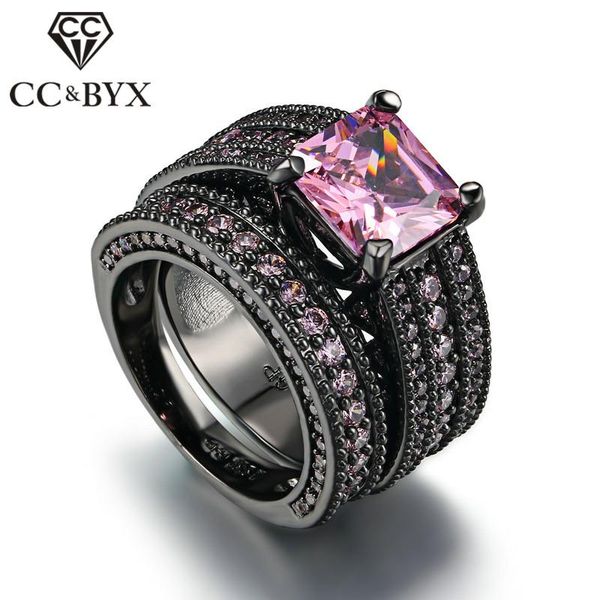 

wedding rings jewelry for women fashion square pink stone black gold color luxury unique double ring accessories 1191, Slivery;golden