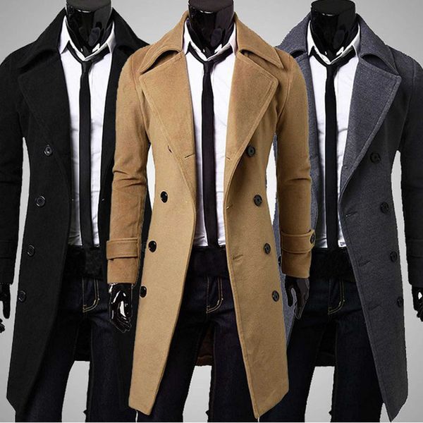 

men slim long trench autumn and winter solid color windbreaker men's coat large size slim fashion men's long coat#g30 211011, Tan;black