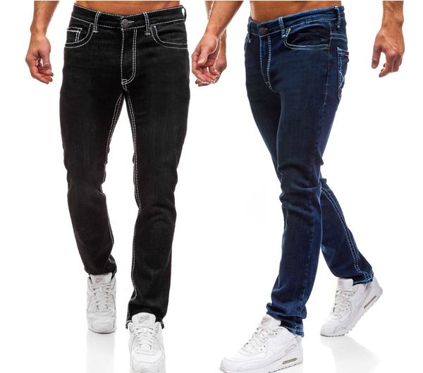 

fashion men's long length jeans solid and slim streetwear jeans with zipper suitable for young people, Blue