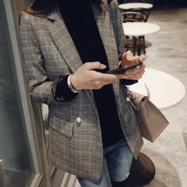 

ladies suit jacket korean version autumn large size temperament long-sleeved plaid small fashion slim women 210527, White;black