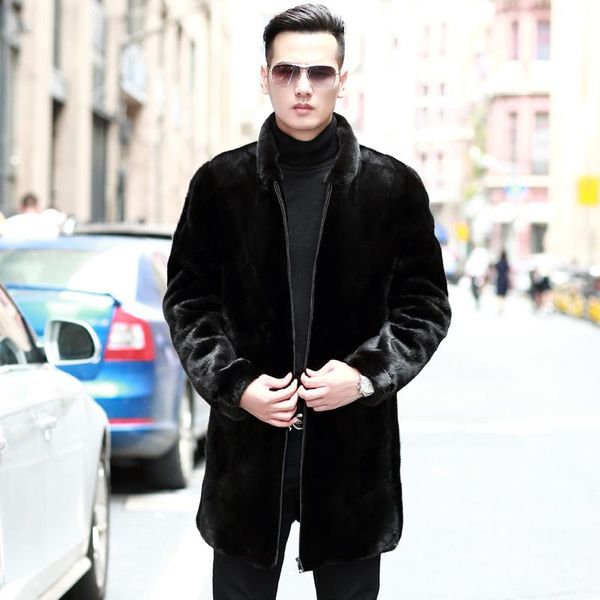 

men's leather & faux real fur coat natural mink winter jacket men clothes shearling stand collar warm outwear veste homme m168 yy660, Black