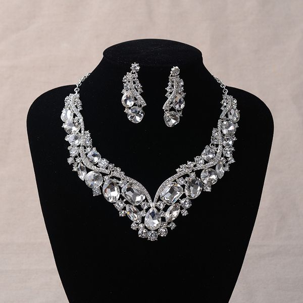 Luxus Strass Hochzeit Ohrringe Geometrische Kristall Statement Halskette Set für Braut Afrikanische Braut Schmuck Sets