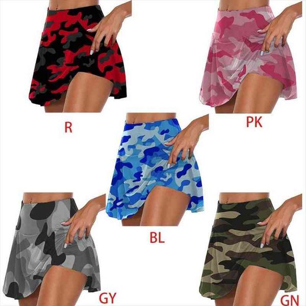 

women high waist 2-in-1 sport skorts camouflage pleated golf skirts with shorts f3md, Black