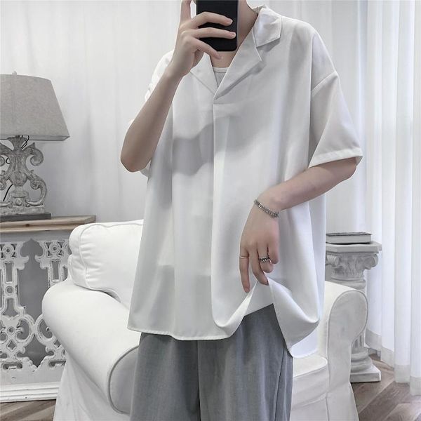 

5xl- plus size loose pullover shirts for men clothing 2021 simple solid turn down collar short sleeve casual blouse homme sale, White;black