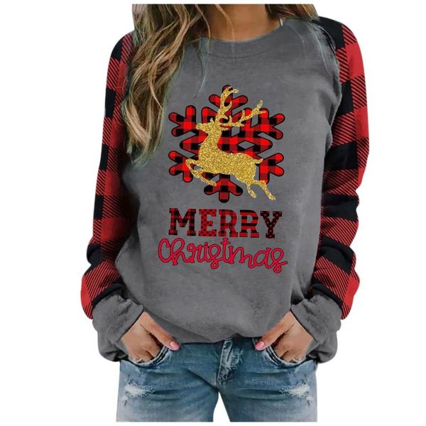 

women's hoodies & sweatshirts women long sleeve crewneck christmas patchwork plaid printing casual pullover snowman print sweatshirt, Black