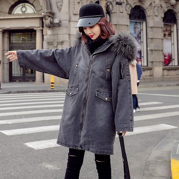 

women's trench coats women winter denim jacket fashion hooded fur collar mid-long cowboy coat casual loose large size female nzyd237a, Tan;black