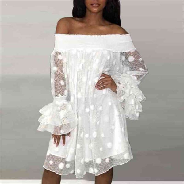 

women white dress off shoulder lace tulle sleeve see through loose big polka dot holiday beachwear vacation summer wear, Black;gray