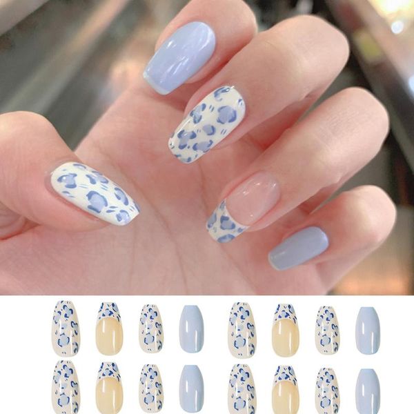 

false nails 24pcs/box blue manicure tool full cover coffin short ballerina nail tip fake wearable tips, Red;gold