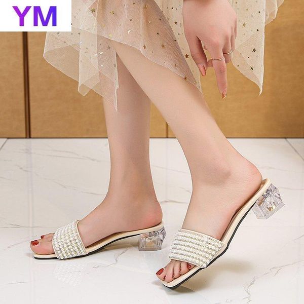 

sandals 2021 fashion crystal for women summer shoes clear heel slides zapatillas mujer casa sapatos femininos square toe, Black