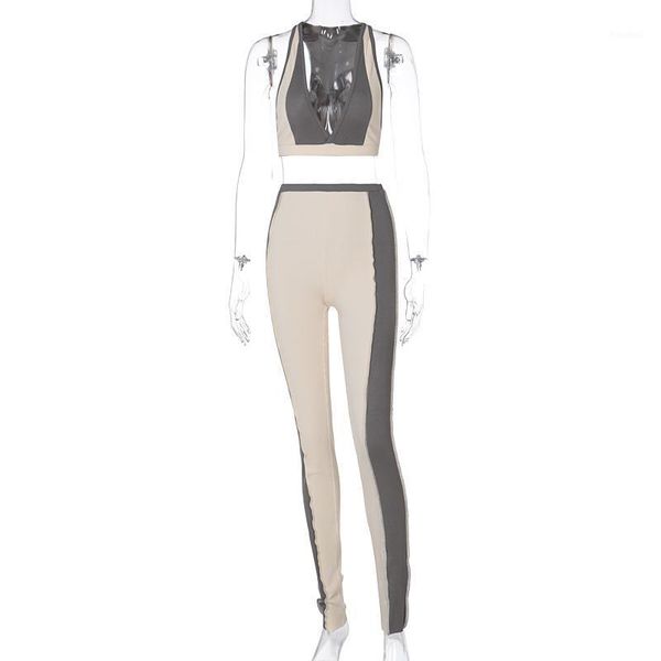 

women's sleeveless two-pieces set, casual tight contrast color suit, v-neck halter high waist trouser clothing yoga outfit