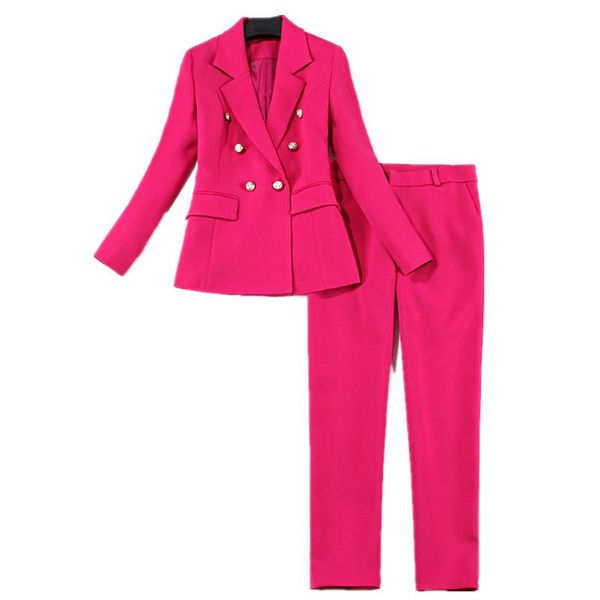 

women's two piece pants two-piece suits fashion pink slim double-breasted business casual professional suit jacket, White