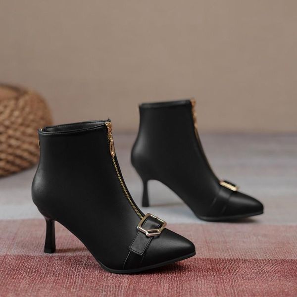 

boots autumn 2022 winter classic zipper thin high heel women leather pointed mental toe ankle shoes ytmtloy botines de mujer, Black