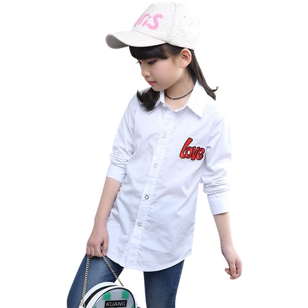 Kızlar için Beyaz Bluz Mektup Gömlek Çiçek Desen çocuk Bahar Sonbahar Giysileri 210527