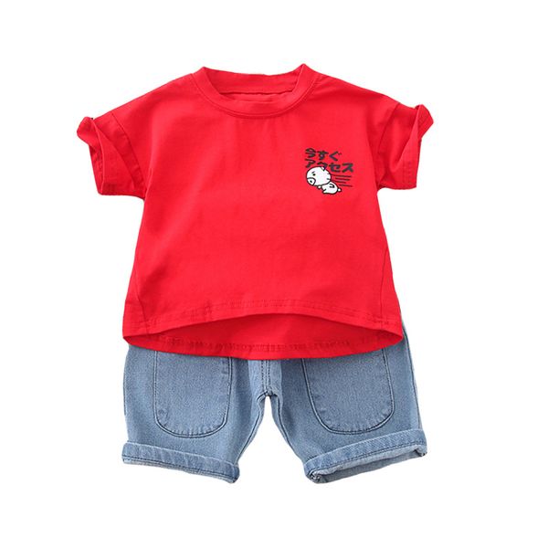 

childrens clothing sets summer cotton toddler outfit cartoon print t-shirt+pant denim baby boy sets cute kids short sleeve 1-3y, White