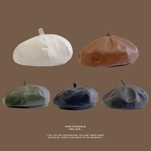 

berets 2021 autumn women pu leather octagonal caps sboy cap vintage bonnet beret style retro hat cowboy, Blue;gray