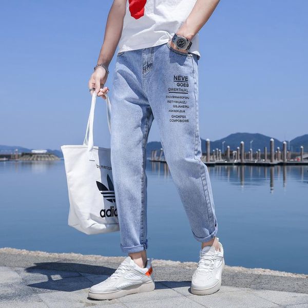 

spring autumn 2021 denim jeans mens hong kong style loose straight-leg pants korean youth wild wide-leg daddy ankle length pants, Blue