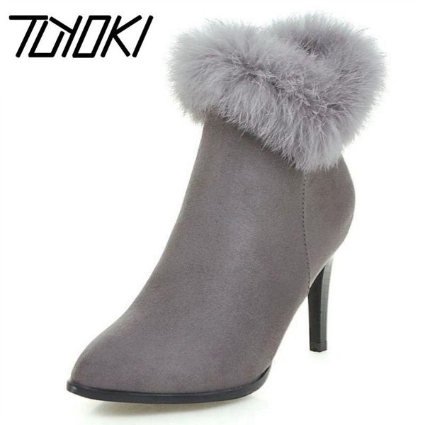 

boots tuyoki women elegant dress party shoes thin high heels botas fur ankle pointed toe less platform size 34-43, Black