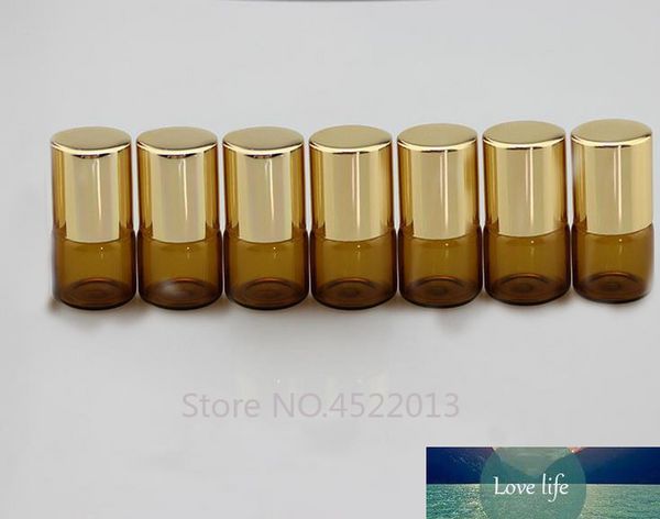 1ml 100pcs / lot Rotolo di vetro vuoto marrone su bottiglia con tappo in oro, rotolo di fiala ambra sulla bottiglia di profumo, mini pacchetto di campione del toner DIY