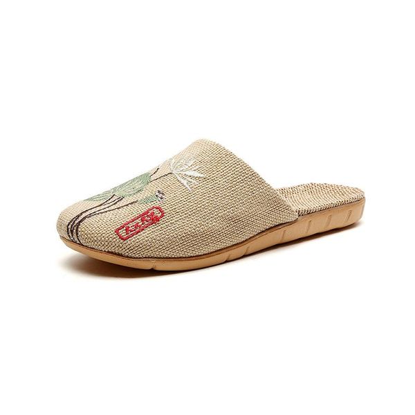 

slippers suihyung flax for women men summer casual slides embroidery flowers flat sandals female non-slip flip flops home shoes, Black