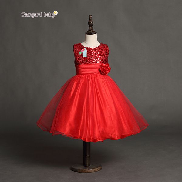 

prettybaby children 3d rose flower dress girls sleeveless sequin dress summer princess bow floral chiffon, Red;yellow