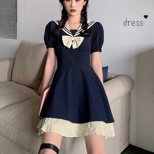 

sailor collar cross dres striped short sleeve single breasted high waist party 210601, Black;gray