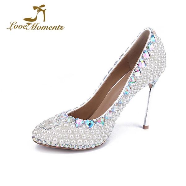 

fashion design white pearl wedding bridal shoes round toe high heel formal dress shoes ab crystal steel thin heel mujer bombas, Black