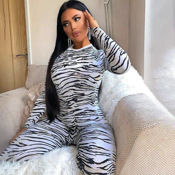

gym clothing 2021 autumn women jumpsuit skinny lady clothes long sleeve zipper animal zebra print steetwear outerwear wholesale, White;black