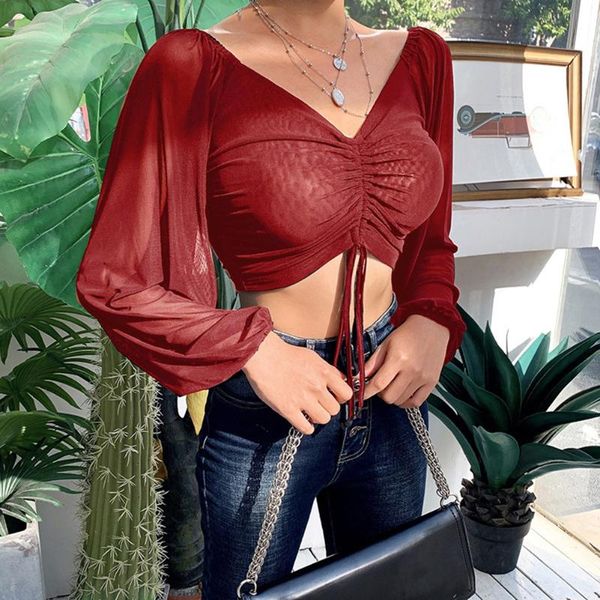 

2021 women blouses fashion v-neck lantern sleeve drawstring ruched ladies solid off shoulder backless short blouses d1, White