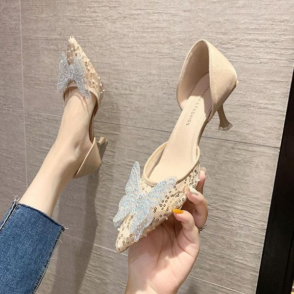 

sandals bow shoes bling elastic band strappy heels suit female beige 2021 women's bright comfort slip-on laces rhinestone, Black