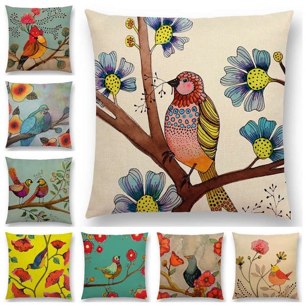 

new arrivals watercolor little birds pillow case floral home decor cushion cover