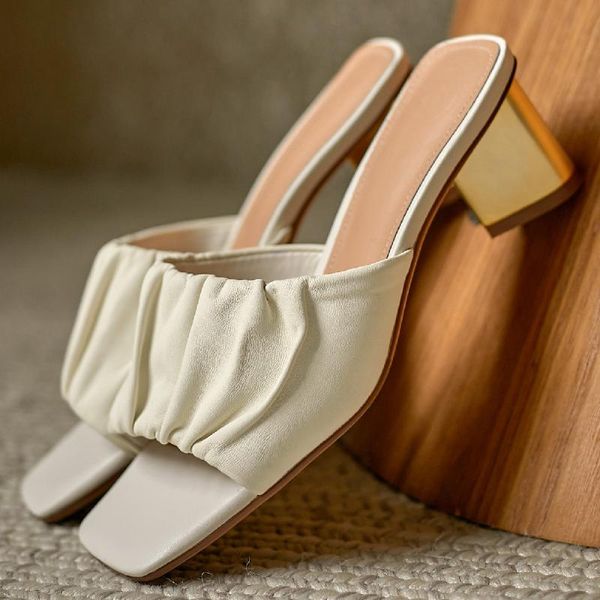 

sandals women's genuine leather thick high heel open toe slip-on pleated elegant ladies soft comfortable summer mules pumps shoe, Black