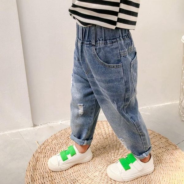 

spring fall kids jeans elastic waist casual loose baby toddler boys denim pant broken hole solid color girls trousers, Blue