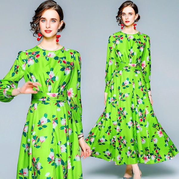 

casual dresses high street flower print maxi long party brighten green color a line dress largo fashion vestidos plus size robe 8617, Black;gray
