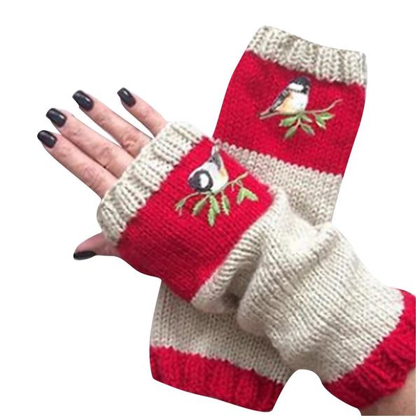 

sports gloves women fingerless winter knit warm plus velvet embroidere outdoor glove without fingers printed girls mittens gift, Black