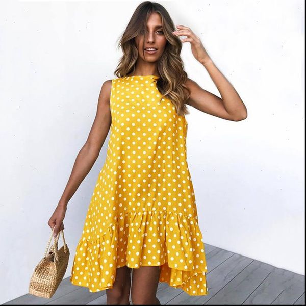 

sleeveless polka dot printed summer dress women ruffles o neck casual loose plus size dresses boho beach robe femme vestidos, Black;gray