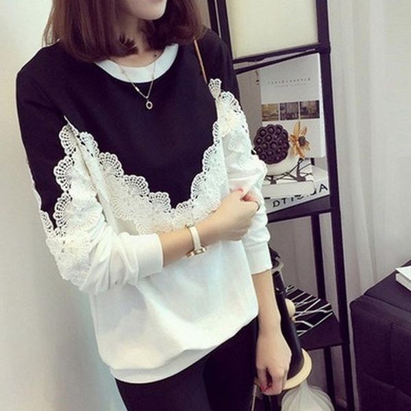 

women's t-shirt for women full sleeves lace stitching autumn fashion plus size solid round neck loose all-match lugentolo, White