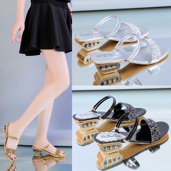 

sandals shoe for [one two]slippers women's water drill sequin thick heel low versatile one word tow two wear shoes women, Black