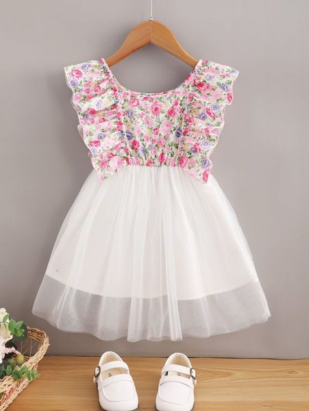 

toddler girls floral print ruffle trim mesh overlay dress she, Red;yellow