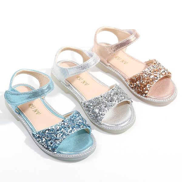 

sandals girls blue sequin shoes 2021 children summer transparent pink princess fashion, Black;red
