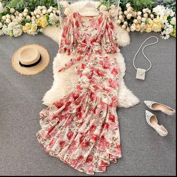 

bohemian pink blue floral print chiffon 2pcs set women boho chic bandage high waist mermaid skirt female sets 2021, Gray