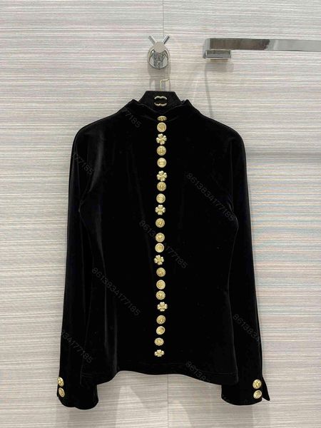 

fashion cc designer velvet shirt women brand cch black hoodie high collar with metal buttons retro star street size sml, White;black