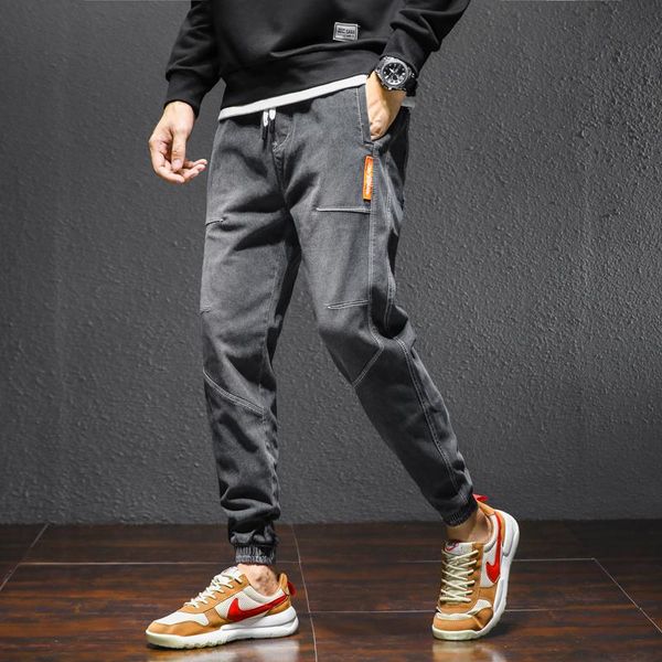 

men's jeans slim fit straight baggy elastic waist harlan cargo cotton streetwear harajuku pants joggers trousers skinny, Blue