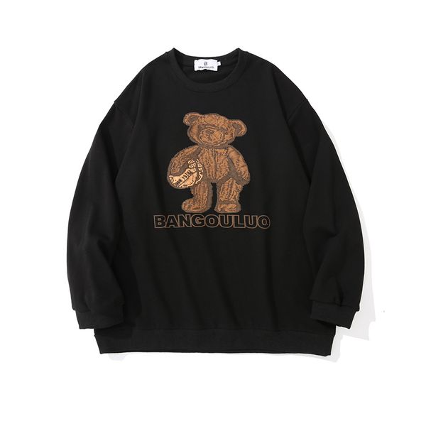 

sweatshirts cartoon bear print hoodless sweater men bf lazy style loose round neck long sleeve fashion brand pullover hoodie, Black