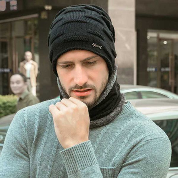 

hats, scarves & gloves sets warm beanies for men winter knitted hat scarf set with warmer lining balaclava neck men's cap bonnet knit n, Blue;gray